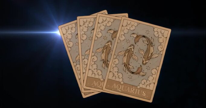 On start four Aquarius tarot cards emerging into fan drifting rejoining under sweeping blue flare