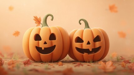Two Cheerful Halloween Pumpkins with Smiling Faces Surrounded by Falling Leaves and a Warm, Autumnal Background
