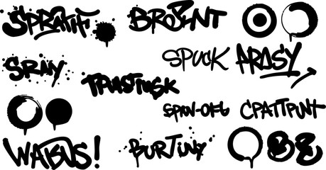 Naklejka premium Diverse set of black graffiti tags, spray paint splatters, dripping text, and urban street art elements.