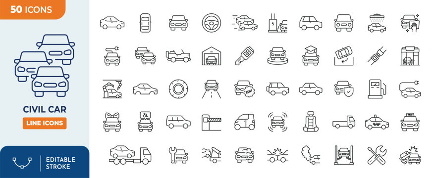 Civil car line editable icon set.