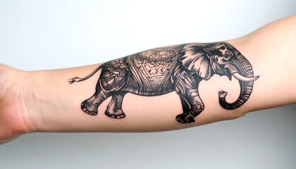 Intricate elephant tattoo on forearm, detailed shading and patterns