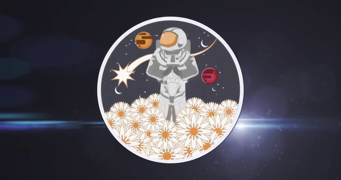 Logo forming as astronaut folding arms with lens flare gliding brightening presenting cosmic emblem