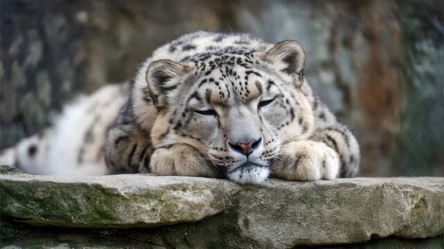 Snow leopard resting on a rock ledge in a peaceful environment
