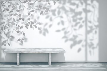 Interior scene with stone bench against a white wall, branches casting shadow overhead.  Neutral palette, minimal style