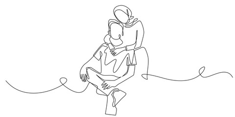 Continuous one line drawing of romantic couple sitting together. Muslim woman in hijab hugging man. Minimalist vector illustration about love, family, relationship, and affection.