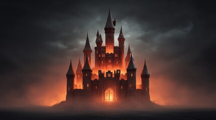 Fototapeta premium Enigmatic Dark Castle with Fiery Glow in Ominous Atmosphere Surrounded by Murky Fog and Shadows