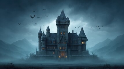 Dark Gothic Castle Surrounded by Fog and Bats with Mysterious Atmosphere in a Moonlit Night Sky