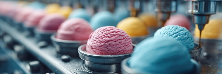 Colorful ice cream scoops being prepared in a factory setting during the afternoon