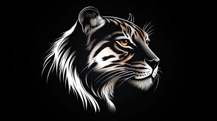 Close-up profile of a stylized tiger head, highlighted in white and black lines, on a black background