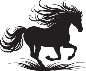 horse, silhouette, galloping, running, motion, speed, power, freedom, mane, tail, flowing, black, isolated, white background, animal, equestrian, wild, nature, dynamic, artistic, illustration, graphic