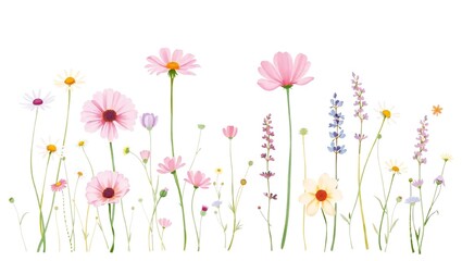 Delicate pastel wildflowers in a meadow with a white background