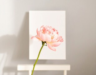 Fototapeta premium Pink Peony in Front of White Canvas Minimalist Floral Art.