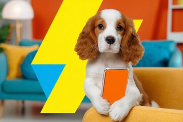 Playful pup and smartphone: a morning of delight. Economic performance drop. Signs of decline are evident as the graph shows a downward arrow. Puppy play. Market downturn signs.