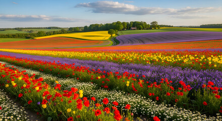 A captivating vista unfolds across a vibrant tapestry of wildflowers, with undulating fields showcasing nature's palette in full bloom, creating a mesmerizing and enchanting rural panorama