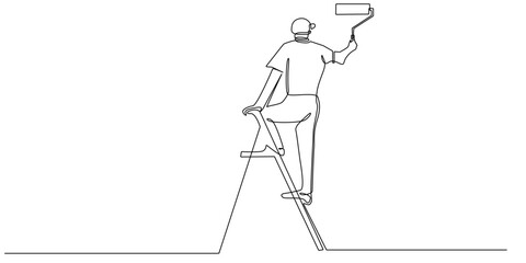 Continuous one line drawing of painter on ladder using roller brush to paint wall. Minimalist vector illustration of home renovation, construction, worker, and house improvement. © bakullogo