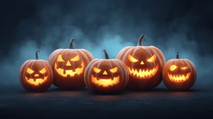 Fototapeta premium Spooky Halloween Pumpkins with Scary Faces Illuminated in a Mystical Foggy Setting