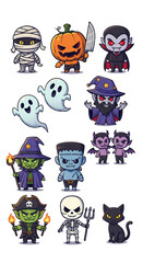 Obraz premium Mummy pumpkin vampire ghost wizard witch monster bat pirate skeleton cat cartoon cute spooky Halloween costume fantasy magic scary evil night dark horror children character illustration drawing