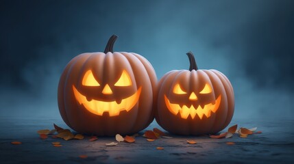 Gleaming Halloween Pumpkins with Spooky Faces Surrounded by Autumn Leaves in Eerie Foggy Atmosphere