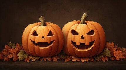 Obraz premium Two Halloween Pumpkin Decorations with Unique Expressions Surrounded by Autumn Leaves on Dark Background