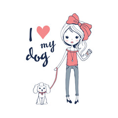 Cute Girl Walking Dog with Red Bow Cartoon Illustration