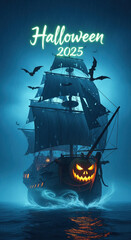 Halloween 2025 pirate ship with glowing jack o lantern face bats flying dark ocean spooky night eerie blue lighting fantasy mysterious adventure