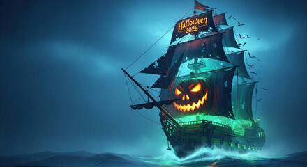 Halloween 2025 pirate ship glowing jack o lantern face spooky atmosphere dark ocean bats flying eerie green light stormy night fantasy adventure celebration