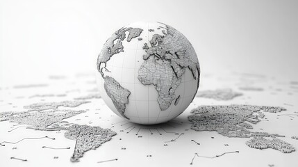 3D globe, detailed world map, light gray, intricate design, network lines