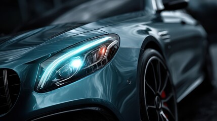 Luxury sedan parked in urban night setting showcasing sleek design and illuminated headlights