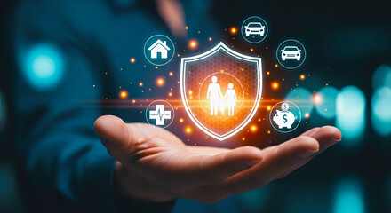 Hand holding family protection shield with house, car, health, and savings icons concept