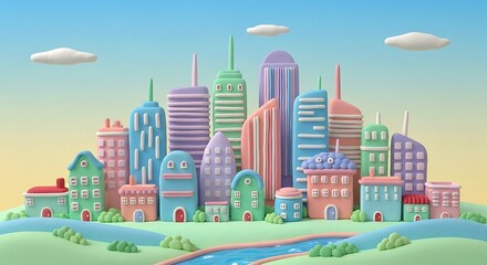 Obraz premium Colorful Cartoon Cityscape with Pastel Buildings and River in a Dreamlike Landscape perfect for childrens illustrations and whimsical designs evoking creativity and imagination