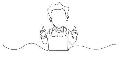 Continuous one line drawing of businessman working on laptop and explaining with hand gesture. Minimalist vector illustration of online meeting, webinar, or office presentation.