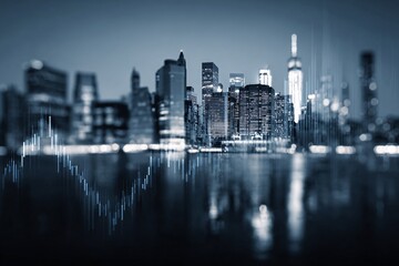 Fototapeta premium City skyline double-exposure with financial charts, symbolizing global economy and investment.