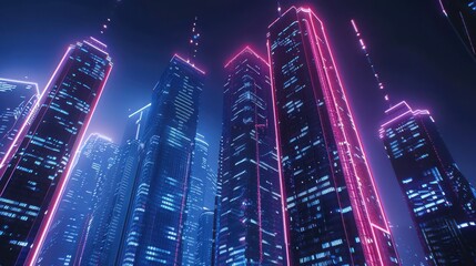 Obraz premium Tall skyscrapers illuminated at night in a bustling urban city s