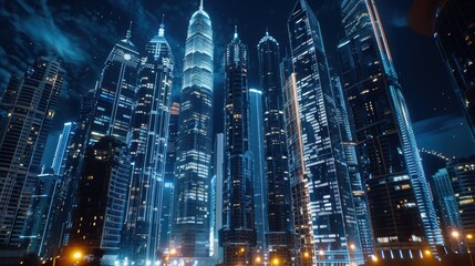 Naklejka premium Tall skyscrapers illuminated at night in a bustling urban city s