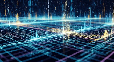 Digital Data Grid Visualization with Interconnected Nodes and Light Streaks Depicting High Speed Information Transfer and Advanced Computing Concepts for Network Infrastructure