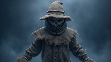 Spooky Scarecrow Figure Shrouded in Dark Fog with Eerie Atmosphere and Sinister Expression for Halloween Themes and Horror Concepts