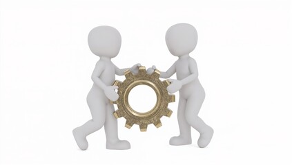 Two minimalistic figures collaborate to align a golden gear, symbolizing teamwork and the power of joint effort in a minimalist conceptual art.