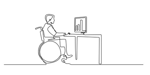 Continuous one line drawing of disabled person in wheelchair working at desk with computer. Minimalist illustration symbolizing inclusion, accessibility, workplace diversity, and digital technology