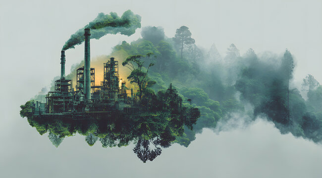 factory smoke covering green forest double exposure lobal warming climate chane
