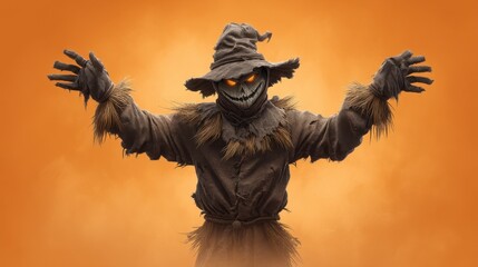Fototapeta premium Spooky Scarecrow Character with Glowing Eyes in a Dark Atmosphere Surrounded by Orange Haze