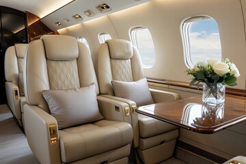Obraz premium Elegant Private Jet Interior with Cream Leather Seats