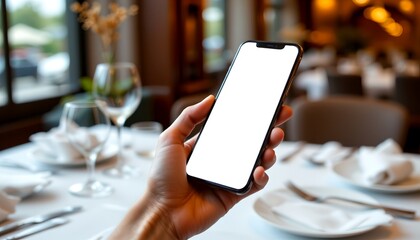 Smartphone in hand in a fine dining restaurant with blank display