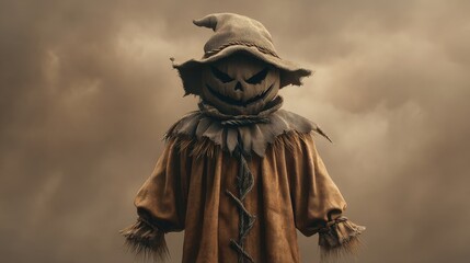 Fototapeta premium Scary Scarecrow With Jack-O-Lantern Face Against Dramatic Stormy Sky Background