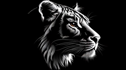 Silhouetted tiger head, profile view, black and white,  stylized graphic