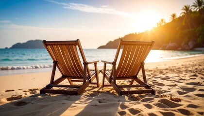 Secluded beach getaway with wooden deck chairs at sunset near the ocean