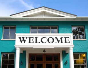 Obraz premium Welcoming Blue Building with Classic Architectural Design.