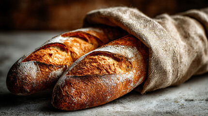Two fresh, crusty artisan baguettes with a golden-brown crust, wrapped together in a rustic linen cloth on a stone surface for a traditional bakery scene.
