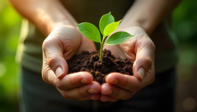 Hands supporting a young plant with soil, representing the connection between gardening, ecology, and soil conservation efforts