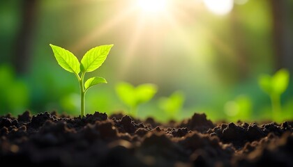 A green seedling emerging from rich soil under sunlight, representing sustainable agriculture and soil conservation