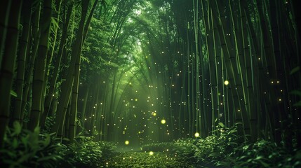 Obraz premium Enchanted bamboo forest at night with glowing fireflies, serene Zen fantasy atmosphere, cinematic background.
